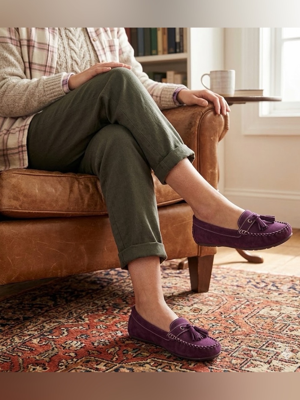 Lands End Suede Moccasin Flats Purple Leather Tassel Slip On Shoes Size 8